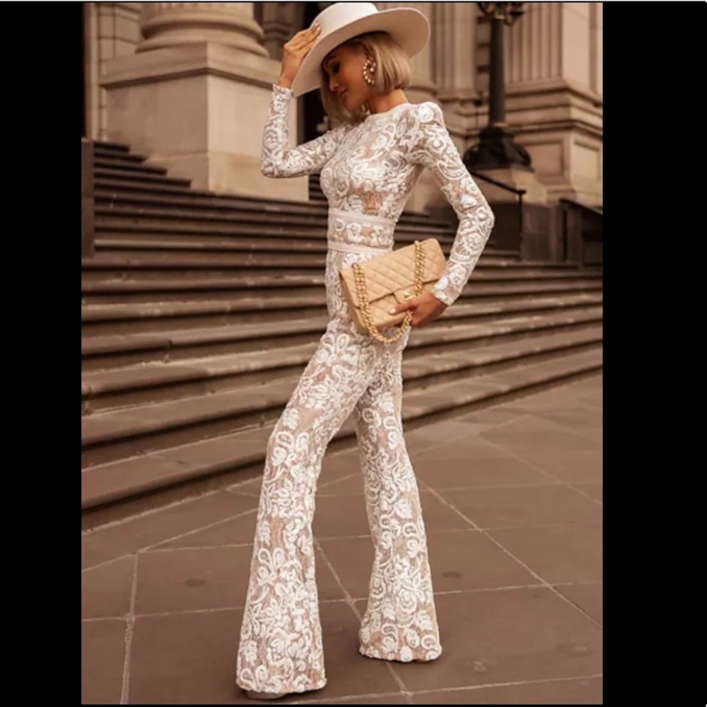 High Neck White Jumpsuit Lace Wide Leg Long Sleeve / Wedding